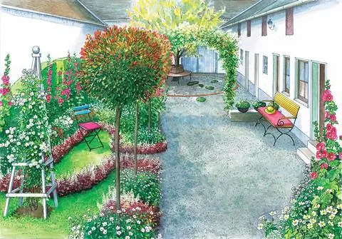 Сад загородного дома с гравийной дорожкой