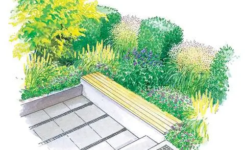 Утопленная зона отдыха структурирует сад