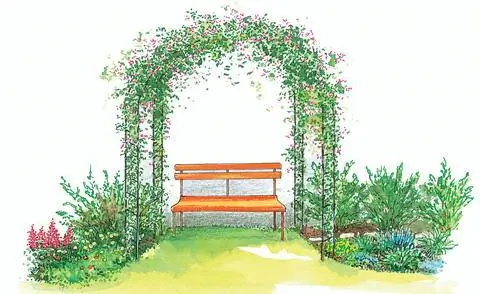 Садовая скамейка с аркой из роз