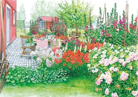 Идея дизайна: Зона отдыха с колоритом коттеджного сада