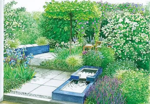 Напольный водоем рядом с каменной дорожкой