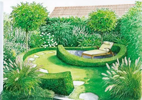 извилистая живая изгородь и шезлонг