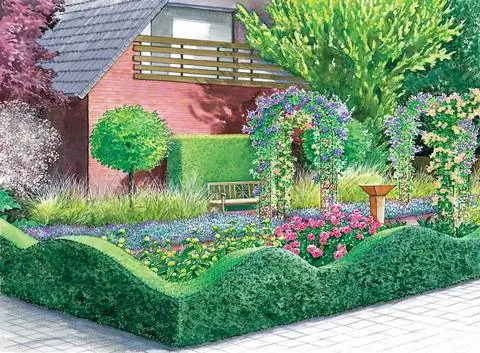 Передний двор с розовыми арками из клинкерного кирпича