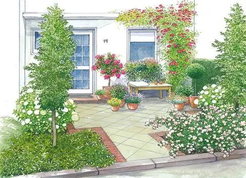 Сад во дворе со скамейкой