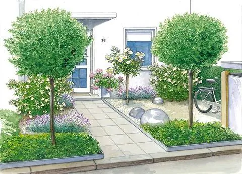 Передний двор с высокими стеблями вишневого лавра