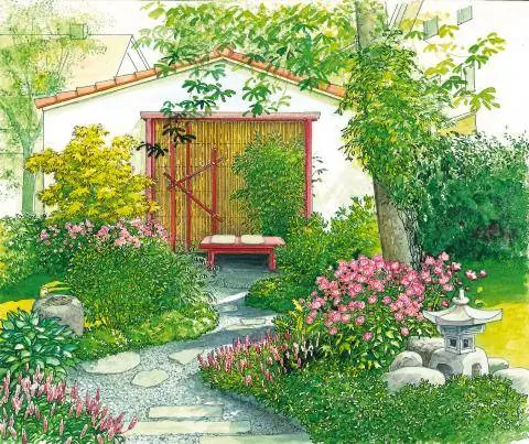 Азиатский тенистый сад с бамбуковой ширмой