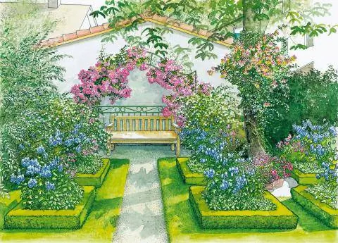 Розовая арка Деревянная скамейка Кустовая изгородь Скидки