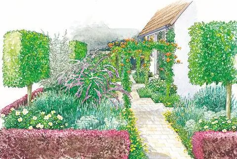 Садовый дворик с живой изгородью из краснолистного барбариса