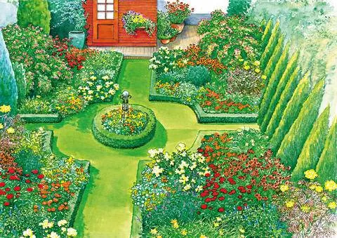 Газонная дорожка и клумбы с розами