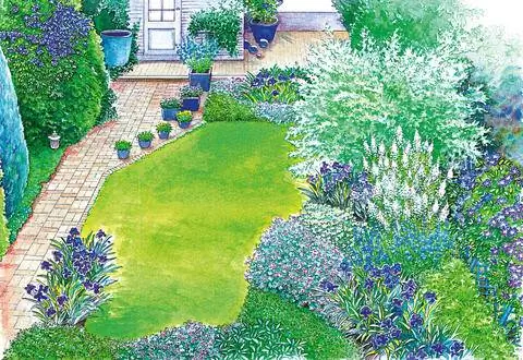 синий белый цветочный сад