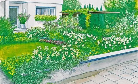 Идея дизайна: свежая зелень для переднего двора