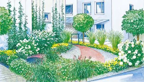 Передний двор с современной комбинацией растений