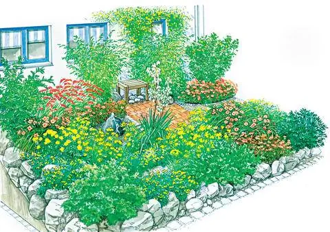 Передний двор с многолетниками и кустарниками