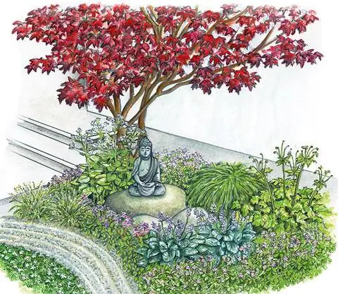 Передний двор с японским кленом и фигурой Будды