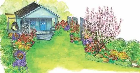 Идея дизайна небольшого сада с садовым навесом