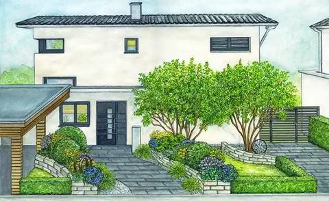 Передний двор с цветущими грядками