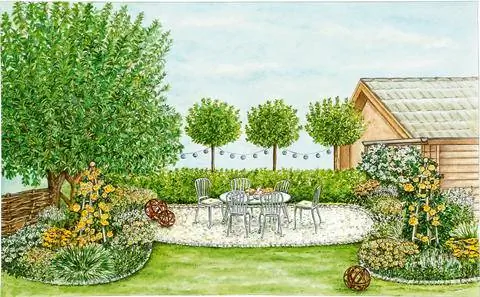 Зона отдыха возле садового сарая