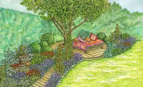 Посиделки на деревянной террасе под вишневым деревом