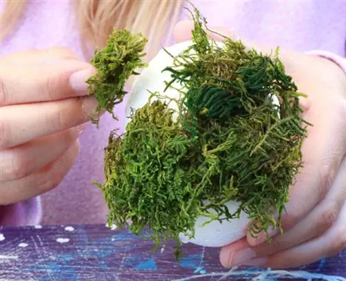 Приклейте мох к декоративному яйцу.