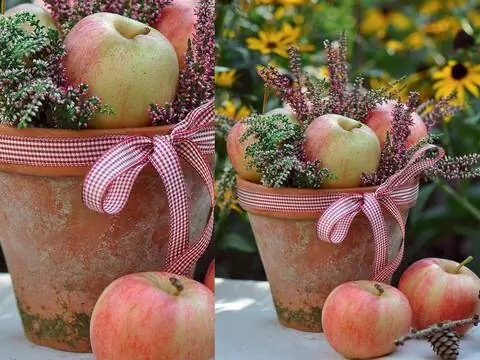 Осеннее украшение вереском и яблоками