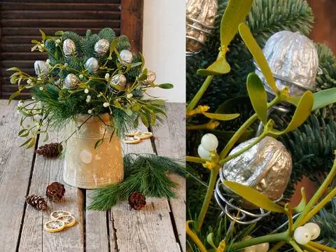 Поделки к Рождеству: идеи с грецкими орехами; Композиция из посеребренных грецких орехов