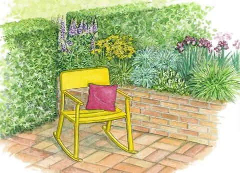 Сидя на кирпичном тротуаре