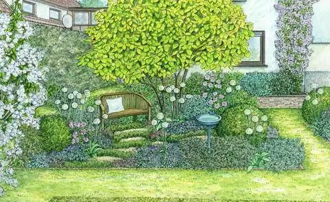 Идея дизайна цветочного острова перед двором