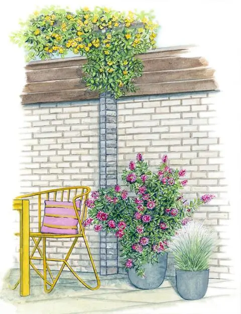 Озеленение и мебель перед монотонной кирпичной стеной