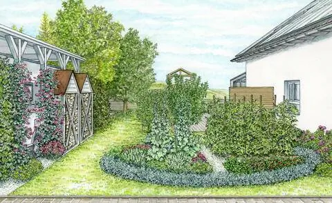 Идея оформления палисадника с островком растений и навесом для машины