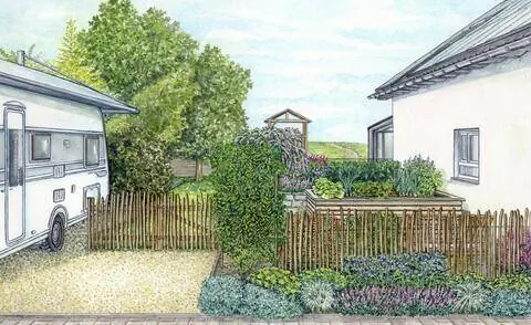 Идея дизайна переднего двора с парковочным местом и частоколом