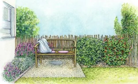 Зона отдыха с деревянной скамейкой