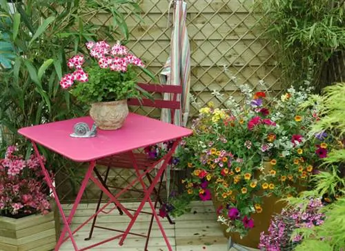 Терраса украшена цветочными горшками из бессмертника, калибрахоа, сурфинии, немезии, вербены и диасции, пеларгонии, гвоздики, бамбука и клена пальматума в горшках. стиль М. Маркат - Ф. Марре