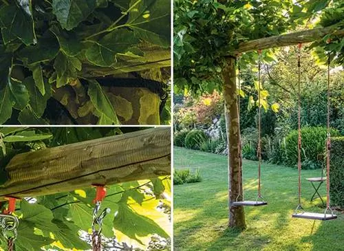 Шаг за шагом: качели в саду между двумя деревьями