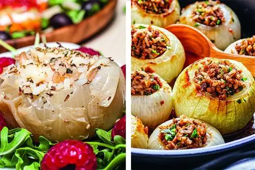 Лук, фаршированный рисом и кедровыми орешками, или с бараниной