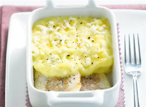 Парментье из сибаса с картофелем, апельсином и засахаренным луком