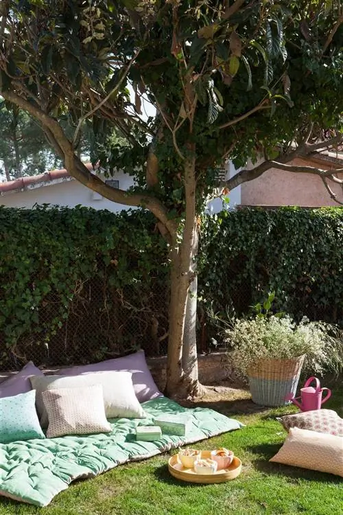сад с циновками на земле и подушками 00426031_O