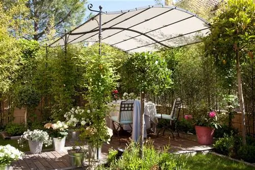 сад с открытой обеденной зоной, покрытой перголой 00346515_O