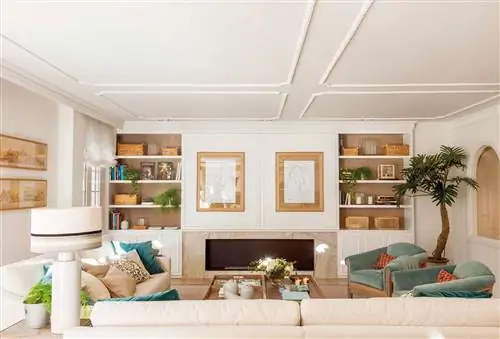 Гостиная в усадьбе с книжным шкафом и камином_00506955