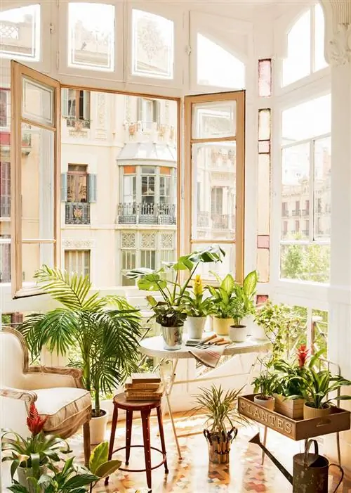 Галерея с мозаичным полом и классическим креслом с металлическим табуретом, полным растений