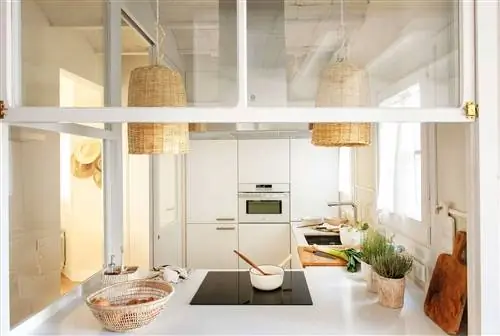 Маленькая белая кухня с сервировочным люком и стеклянной дверью_00513339