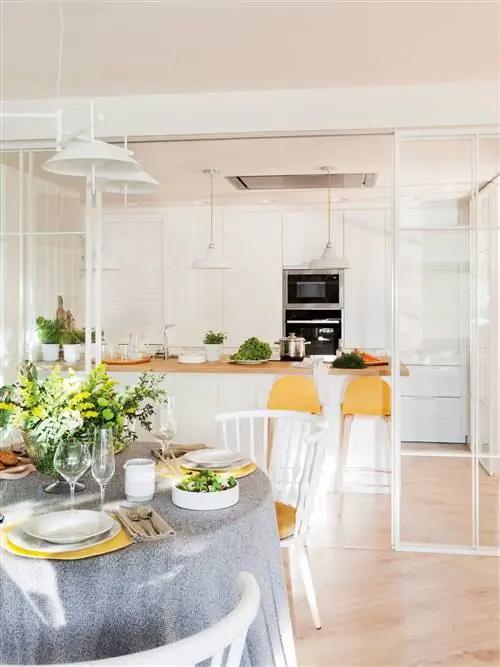 Белая кухня, соединенная со столовой стеклянными дверями_00483085
