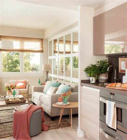 вид на гостиную с пастельными деталями из кухни