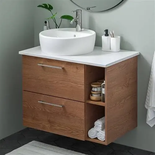 Деревянная тумба для ванной комнаты с раковиной под мрамор от IKEA. Деревянная тумба для ванной комнаты с раковиной под мрамор от IKEA.