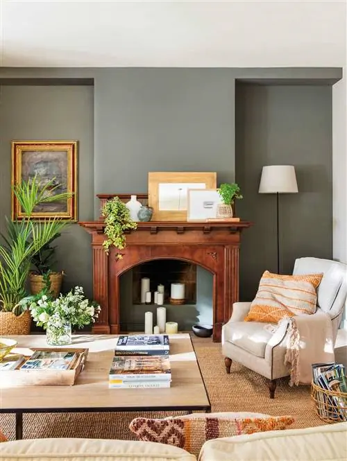 Гостиная с серой стеной и деревянным камином 00531733