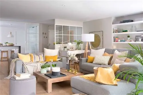 Скандинавская гостиная с серыми диванами и горчичными подушками 00513241 O