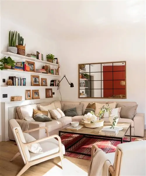 Гостиная с зеркалом в сетке и настенными полками.