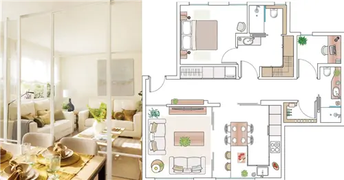 Маленькая квартира с тысячей идей: площадь 65 м2, застекленная кухня и большой коридор с зеркалами (с планом и видео)