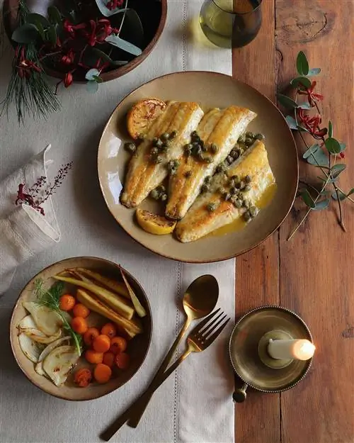 Рыба с каперсовым маслом, фенхелем и тыквой