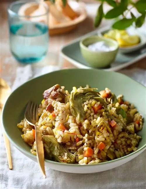 Рецепт риса с артишоками и мясом.