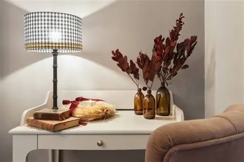 Вспомогательный столик с абажуром виши, старинными книгами и сохранившимися бордовыми ветками.